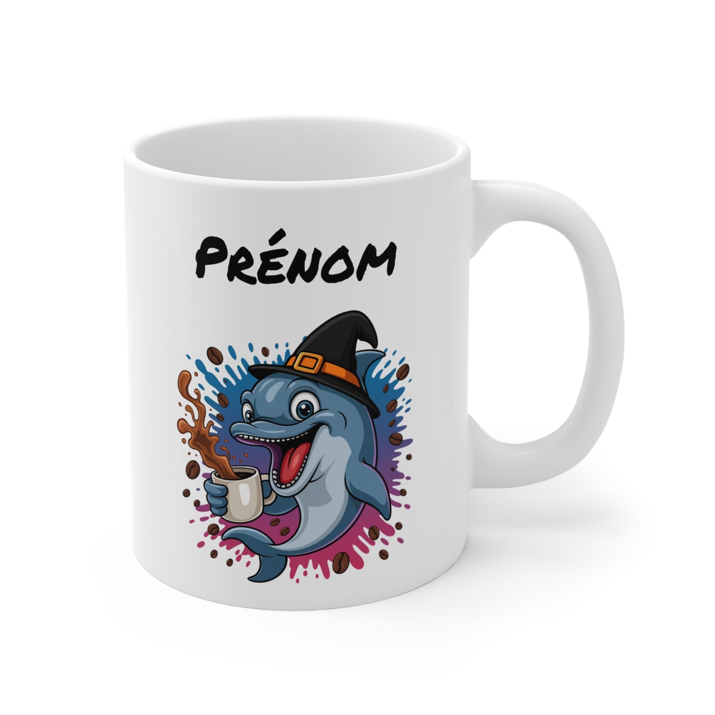 Mug Personnalisable Halloween Dauphin Sorcier – Tasse Prénom Céramique 325ml – Cadeau Fantaisie Café Thé Chocolat Chaud