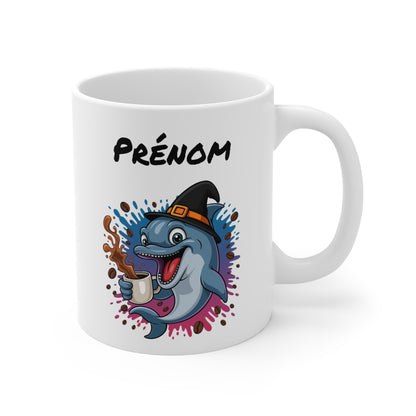 Mug Personnalisable Halloween Dauphin Sorcier – Tasse Prénom Céramique 325ml – Cadeau Fantaisie Café Thé Chocolat Chaud
