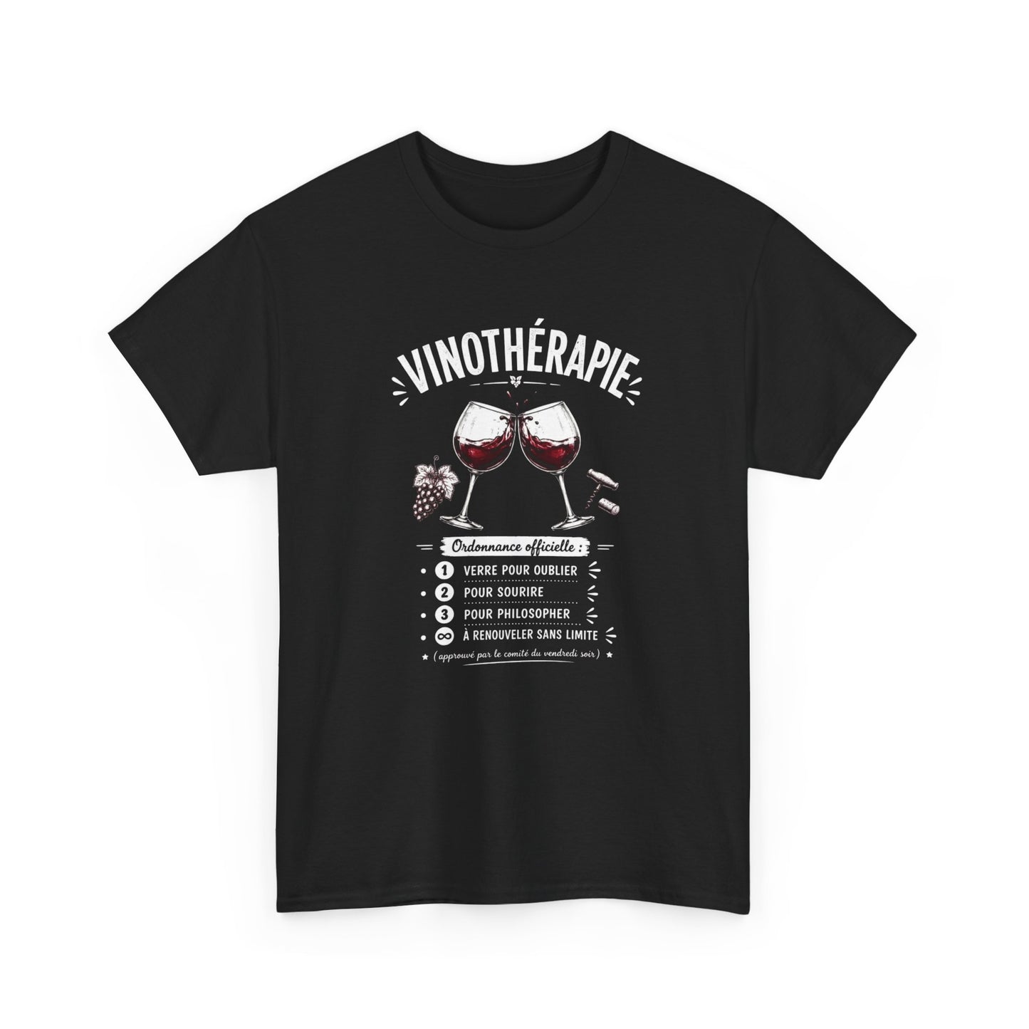 T-Shirt Vinothérapie Homme Femme – Tee Shirt Humour Vin Apéro – Cadeau Drôle Amateur Vin Soirée Noir Blanc Gris