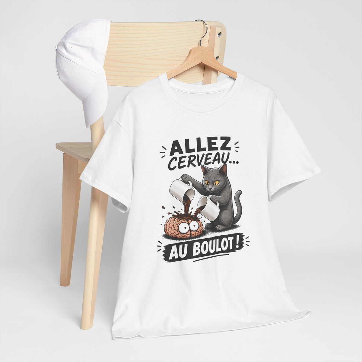 Tee Shirt Humour Homme et Femme – Allez Cerveau au Boulot – T-Shirt Chat Café Fatigue Travail Cadeau Drôle Original