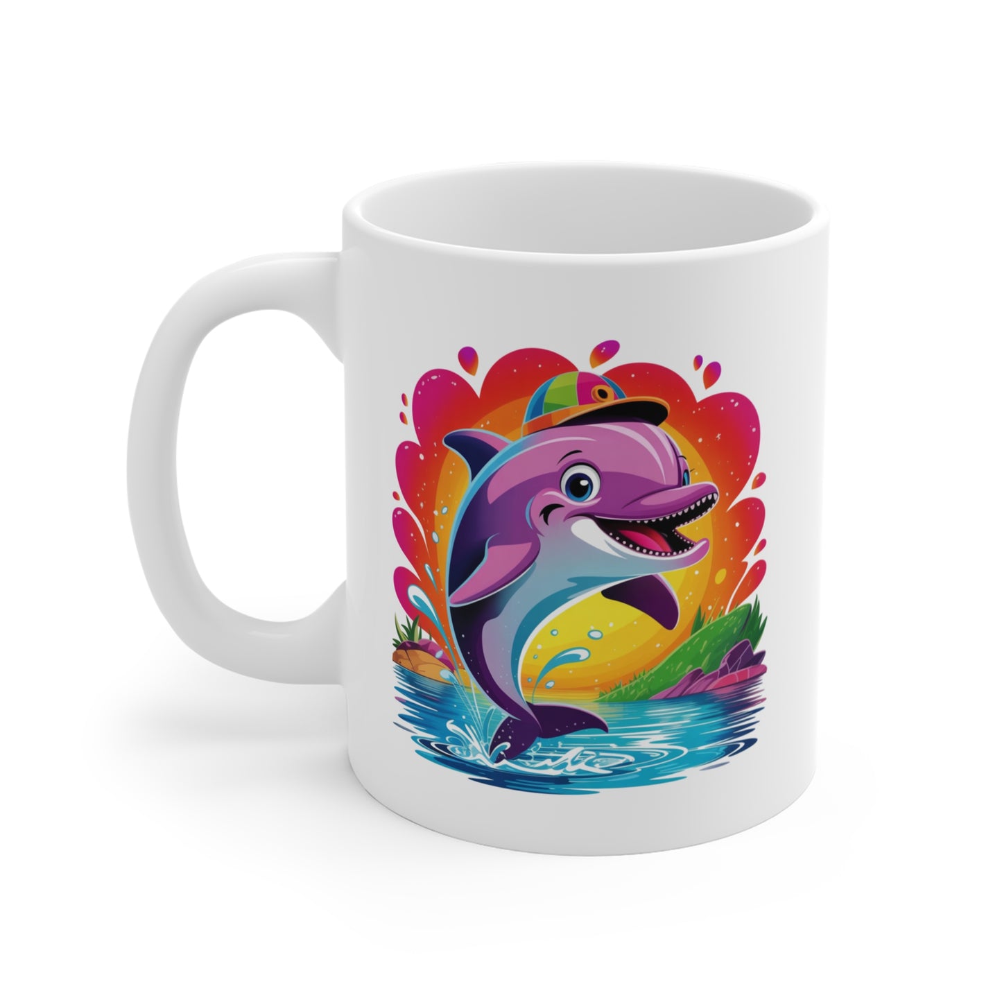 Mug Dauphin Kawaii Coloré – Tasse Dolphin Fantaisie avec Casquette – Design Animal Marin Mignon et Arc-en-Ciel – Cadeau Original pour Enfants et Fans de Kawaii – Mug Céramique 325ml