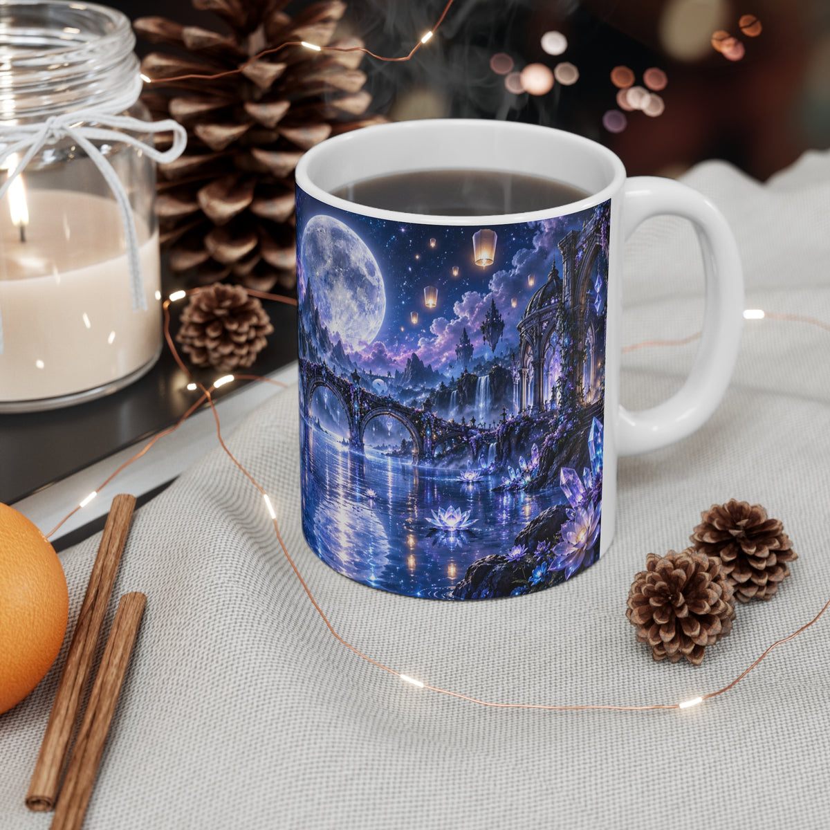 Mug Château Féérique sous la Lune – Tasse Paysage Fantastique avec Cascades, Pont, Cristaux et Fleurs – Cadeau Original Univers Magique