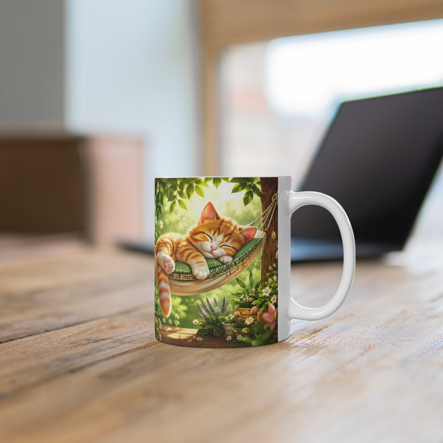 Tasse Chaton Endormi dans Hamac – Mug Chat Kawaii Relaxation – Cadeau Original Animal Mignon 325ml