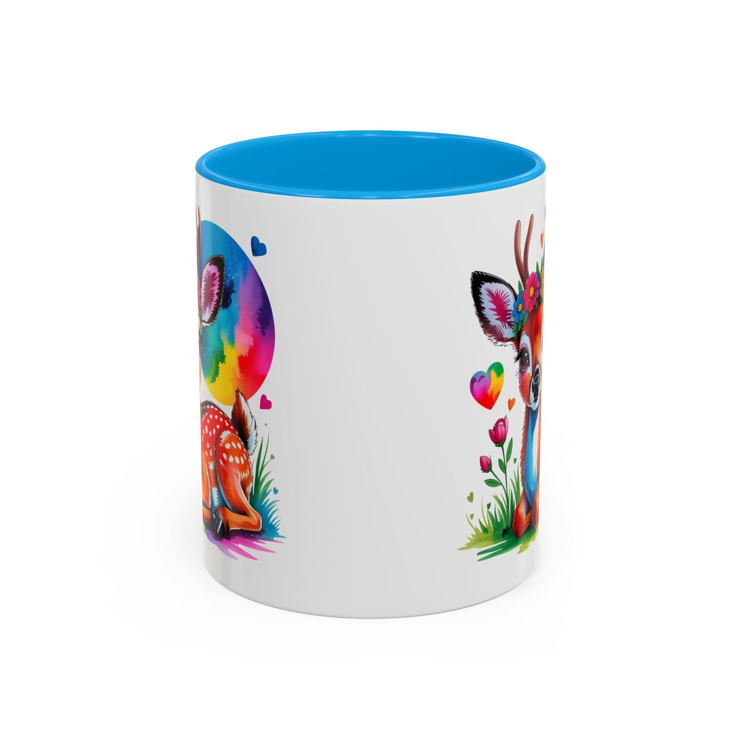 Mug Faon Mignon Coloré – Tasse Cerf Fleurs Arc-en-Ciel Kawaii – Cadeau Original Enfant Adulte – Céramique 325ml Noir Bleu Rouge