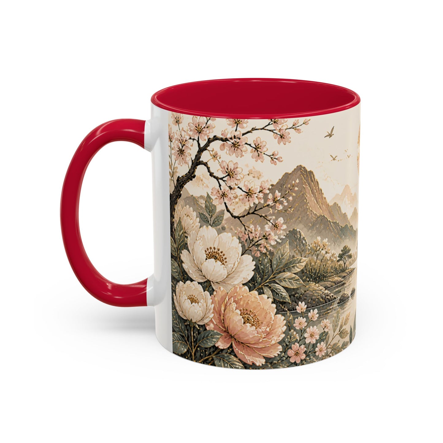 Tasse Paysage Japonais Zen – Mug Floral Beige avec Montagnes, Rivière et Ambiance Asiatique Apaisante 325ml