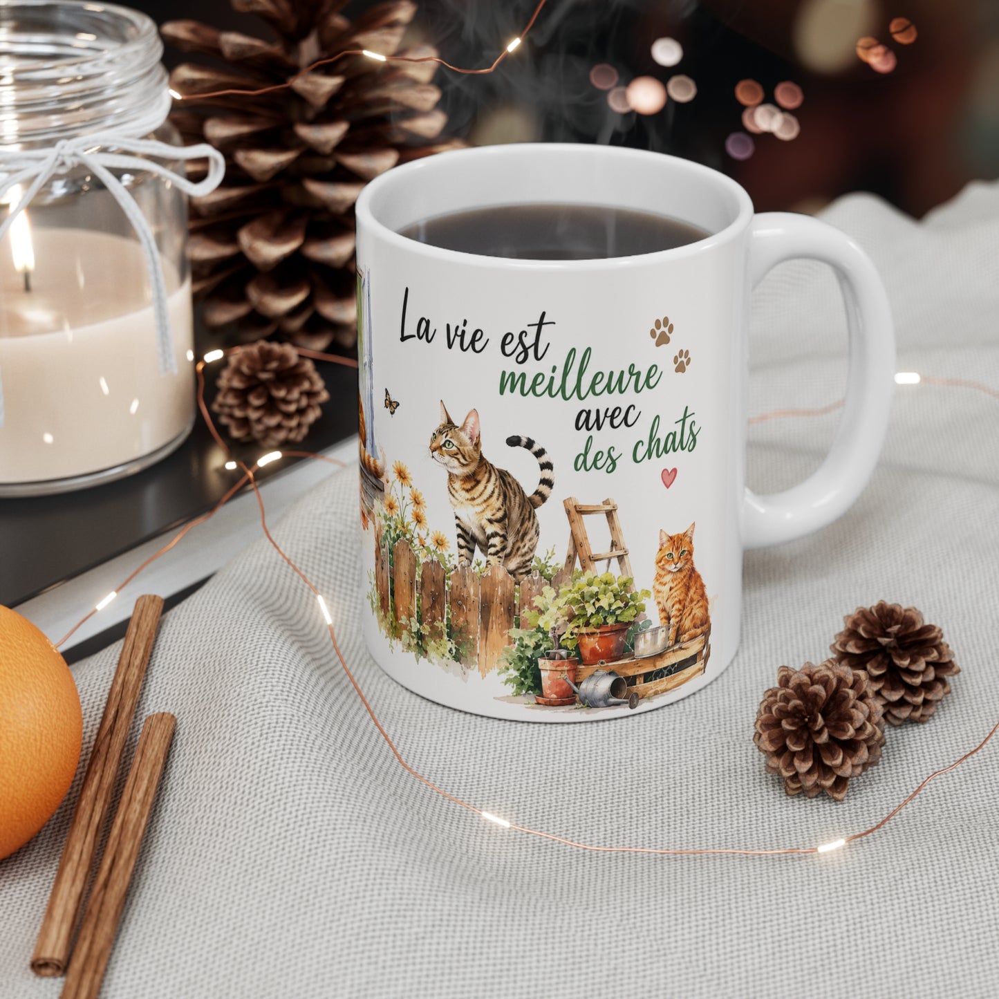 Tasse La Vie Est Meilleure Avec Des Chats – Mug Chat Vintage Aquarelle – Cadeau Femme Homme Amoureux des Chats 325ml