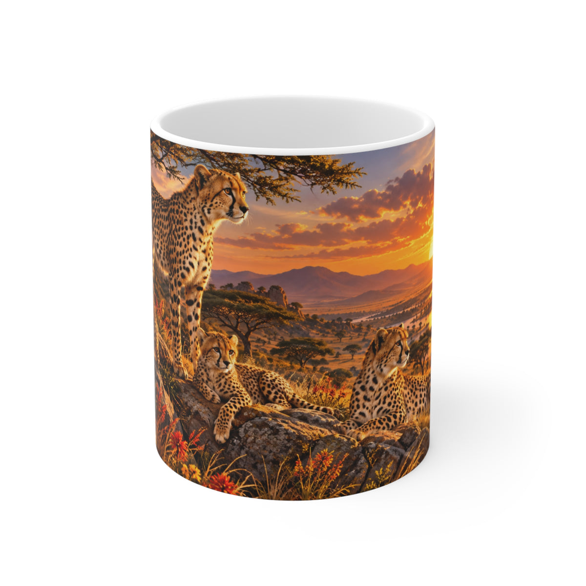 Mug Famille de Guépards dans la Savane – Tasse Animaux Sauvages Afrique avec Coucher de Soleil – Cadeau Original Amoureux des Félins