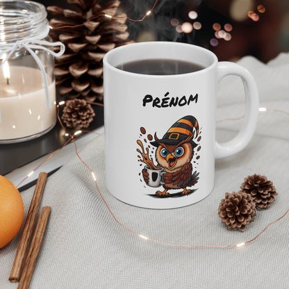 Mug Personnalisé Hibou Sorcier Halloween 325ml – Tasse Prénom Céramique Drôle et Festive – Cadeau Unique