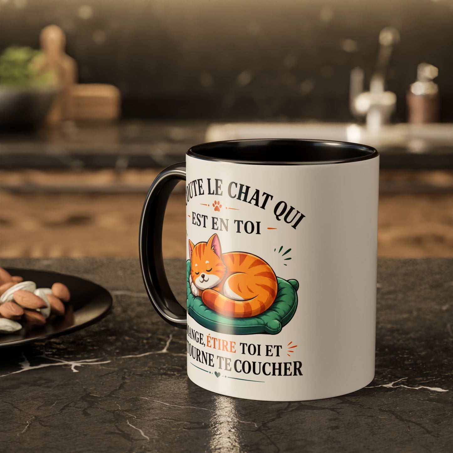 Tasse Écoute Le Chat Qui Est En Toi – Mug Chat Humoristique et Relax – Cadeau Femme Homme Amoureux des Chats 325ml