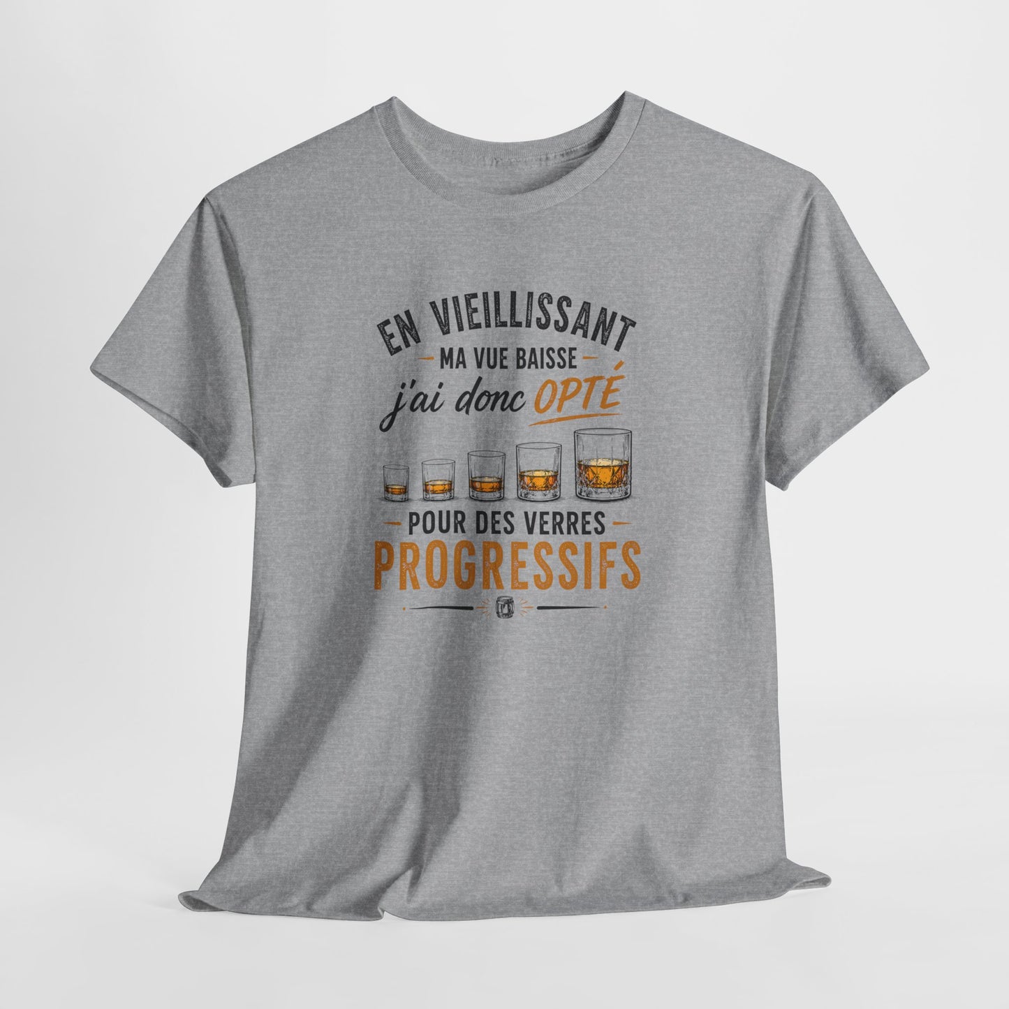 T-Shirt Humour Whisky Verres Progressifs – Tee Shirt Drôle Apéro Alcool Citation Amusante Adulte – Cadeau Ami Amateur Whisky Noir Blanc Gris