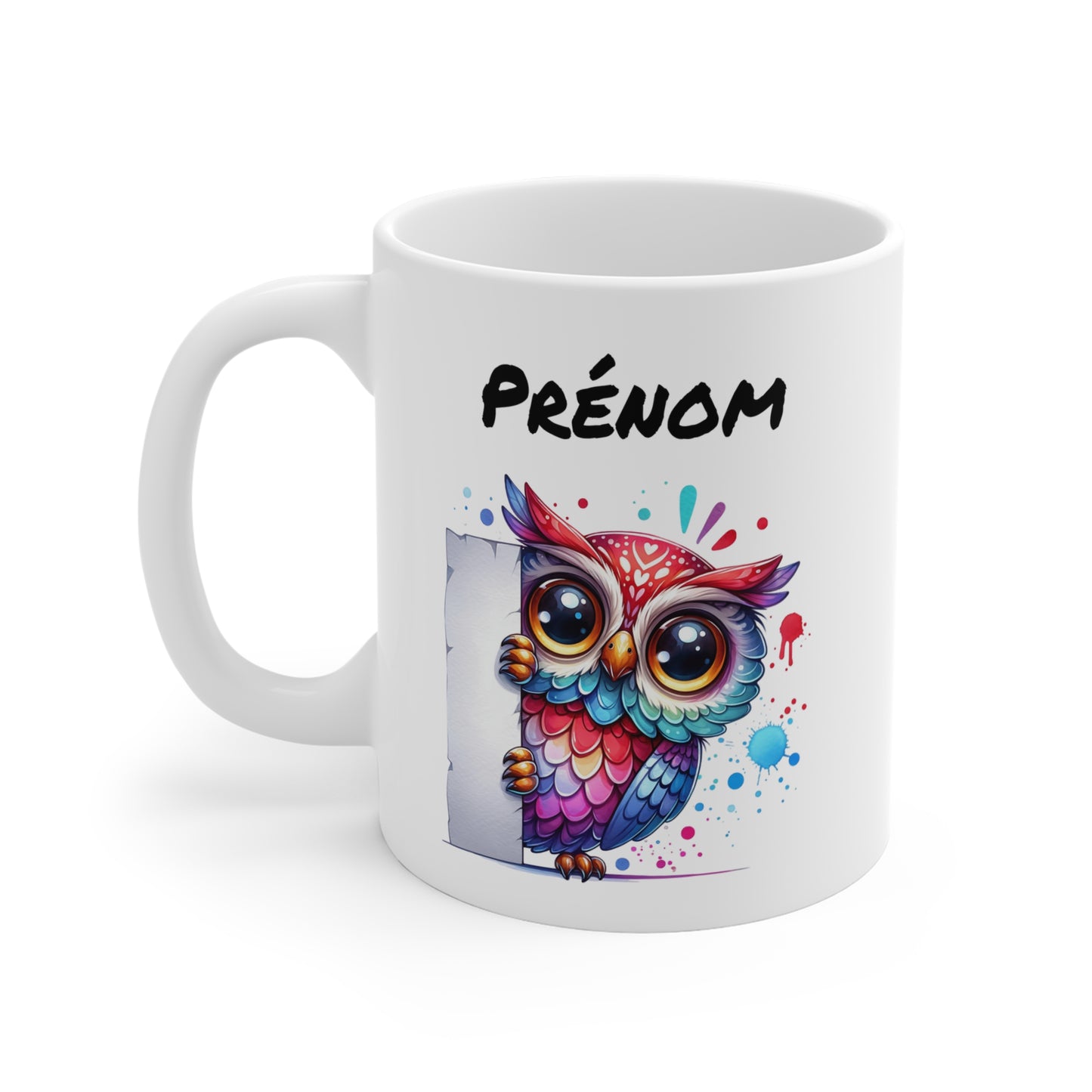 Tasse Personnalisable Hibou Mignon – Mug Prénom Illustration Colorée – Cadeau Animal Nocturne Bohème 325ml