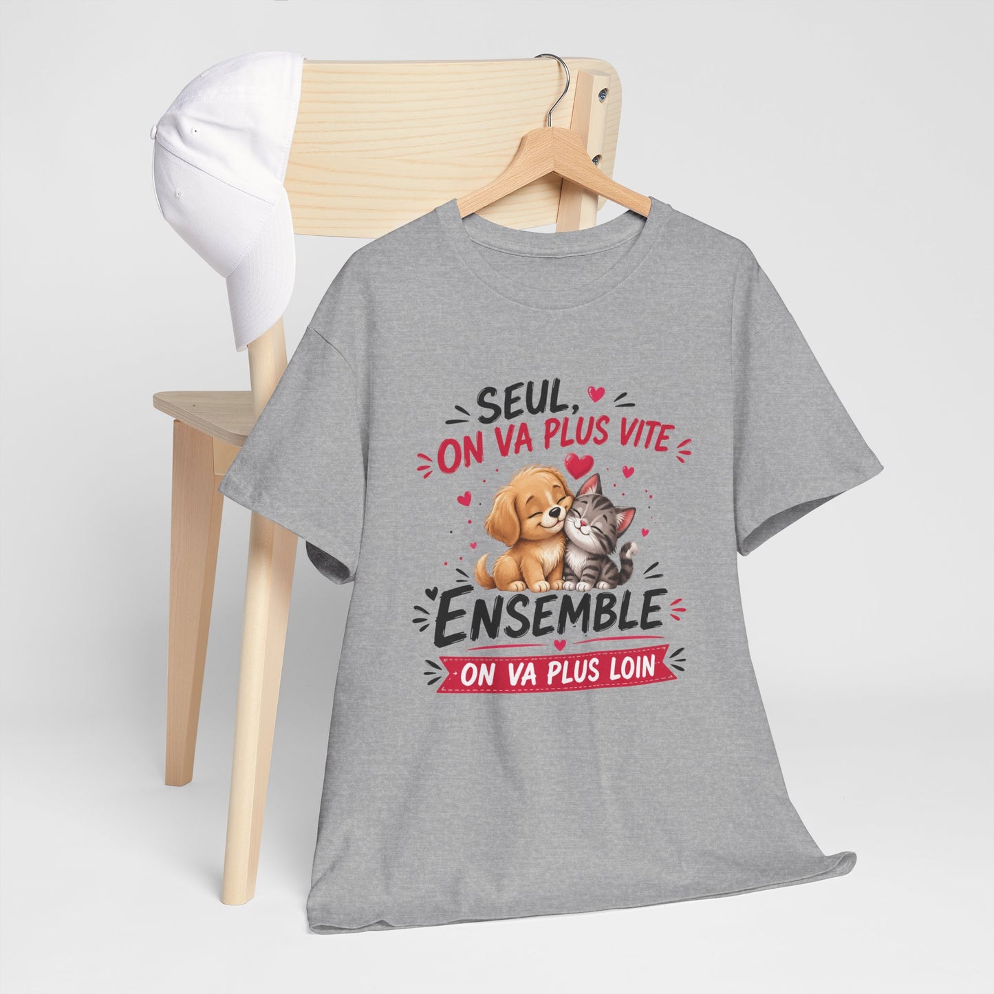 Tee-Shirt Seul On Va Plus Vite Ensemble On Va Plus Loin – Chien Chat Amour Amitié Motivation – Cadeau Homme Femme