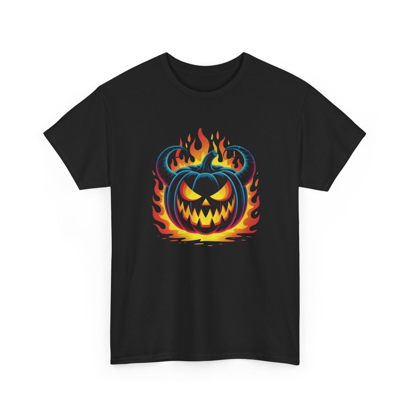 T-Shirt Halloween Citrouille Démoniaque Feu Adulte – Tee Shirt Jack O Lantern Effrayant – Design Horreur Fantaisie Noir Blanc Gris