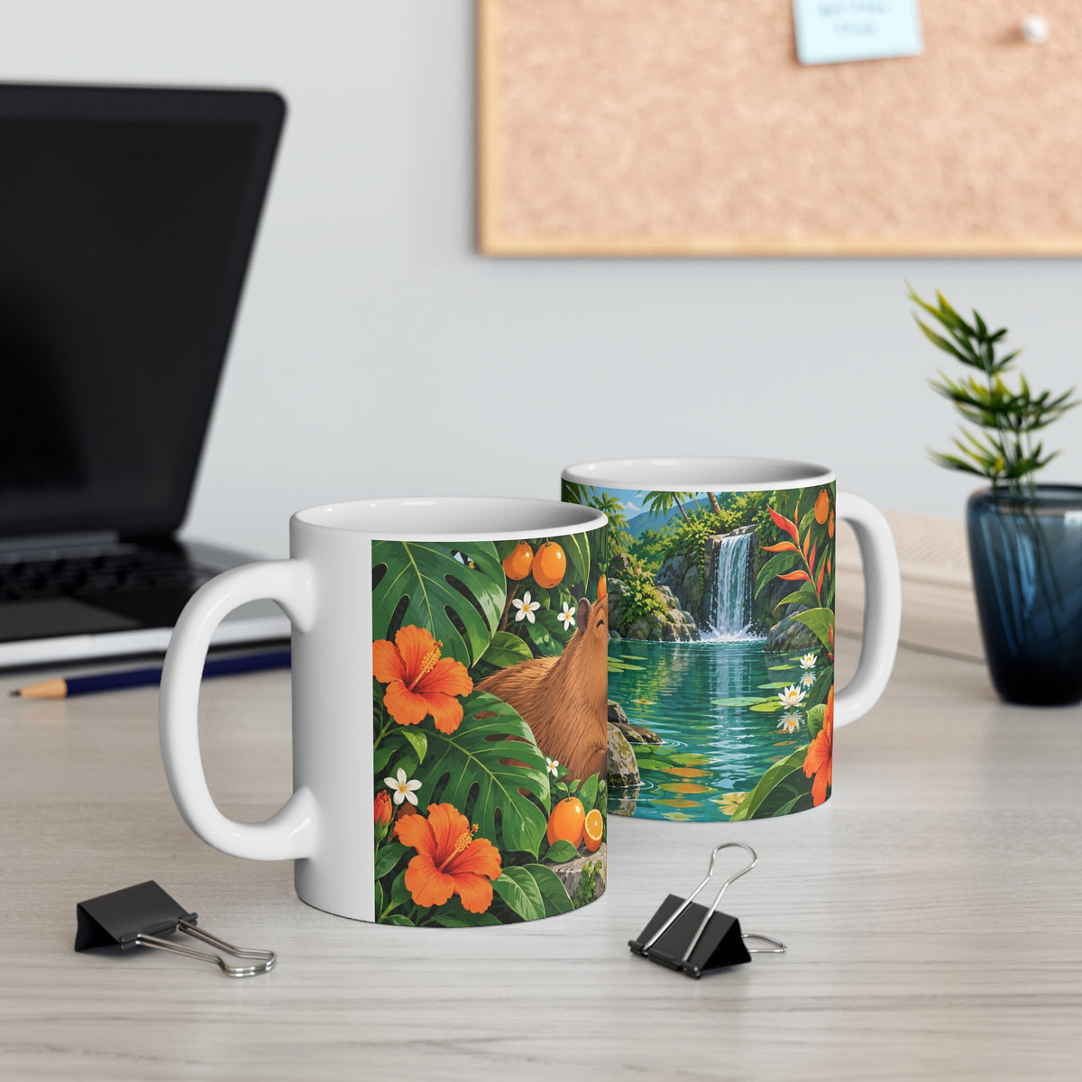 Mug Capybara dans un Paradis Tropical – Tasse Animal Mignon avec Cascade, Fleurs et Oranges – Cadeau Original Amoureux des Animaux