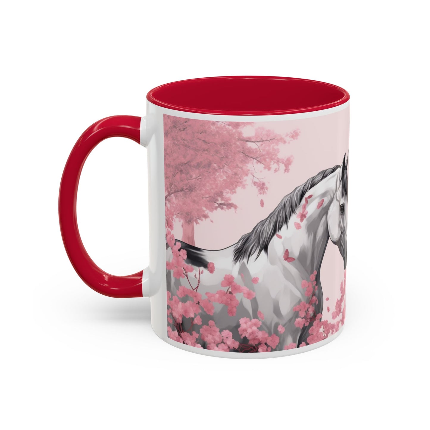 Mug Chevaux Sakura – Tasse Cheval Noir et Blanc avec Fleurs de Cerisier Roses – Cadeau Passion Cheval 325ml