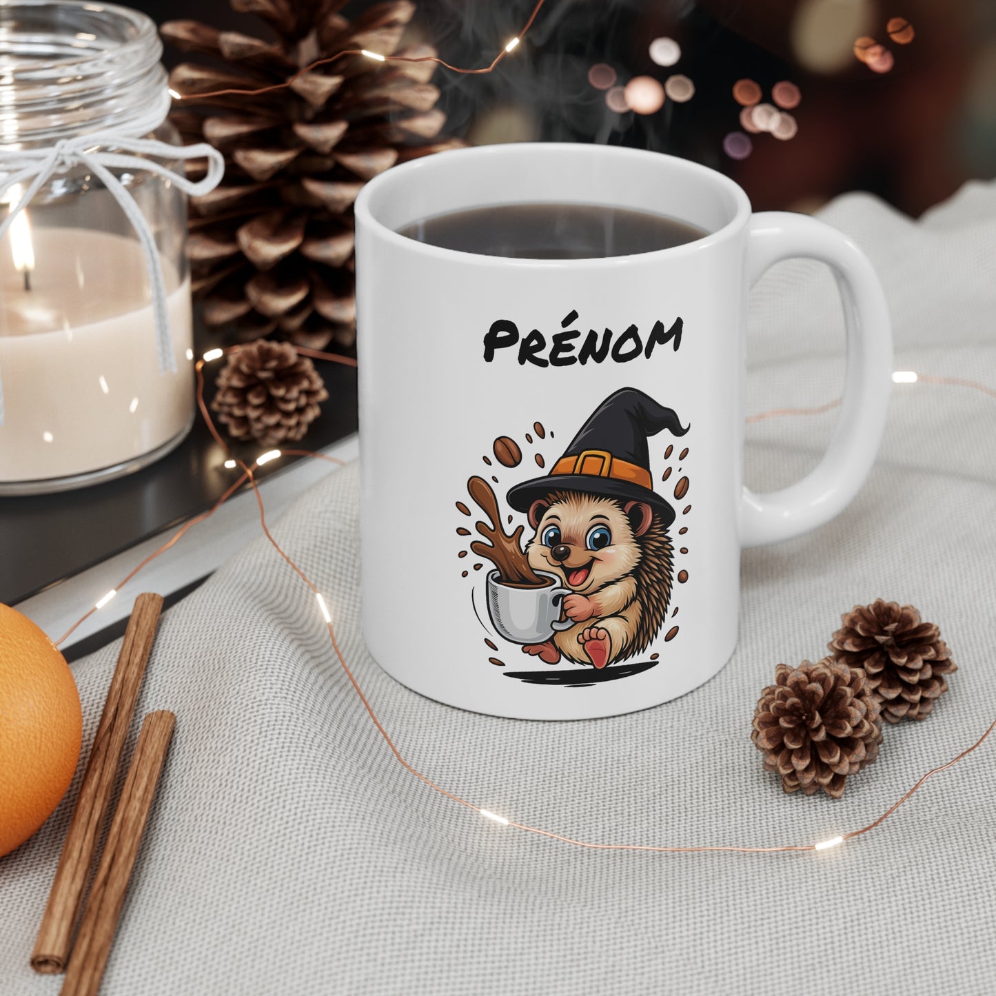 Tasse Personnalisable Hérisson Sorcière – Mug Halloween Prénom 325ml – Cadeau Fantaisie Original