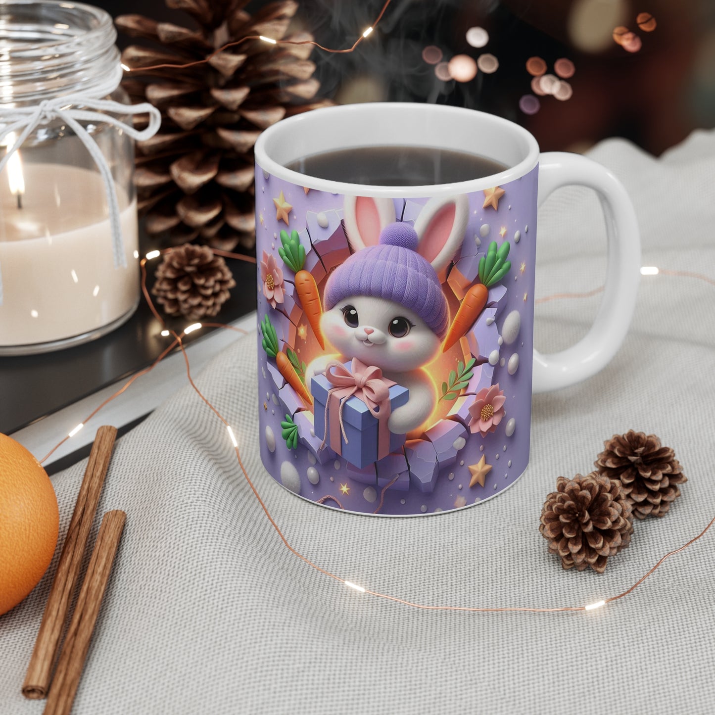 Tasse Lapin Mignon Pâques – Mug Céramique 325ml – Cadeau Kawaii Fleurs et Carottes Anniversaire