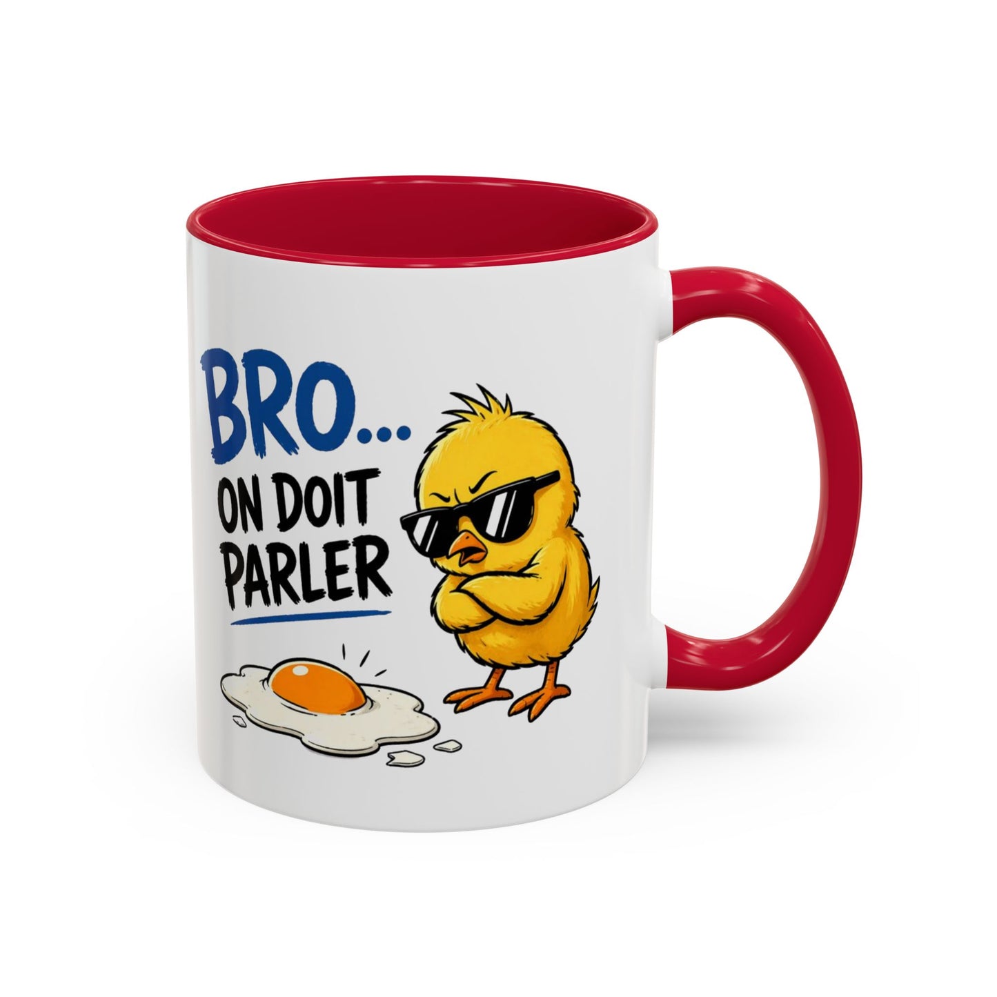 Mug Humour Poussin – Bro On Doit Parler – Tasse Drôle et Décalée – Cadeau Original Fun Céramique 325ml Noir Bleu Rouge