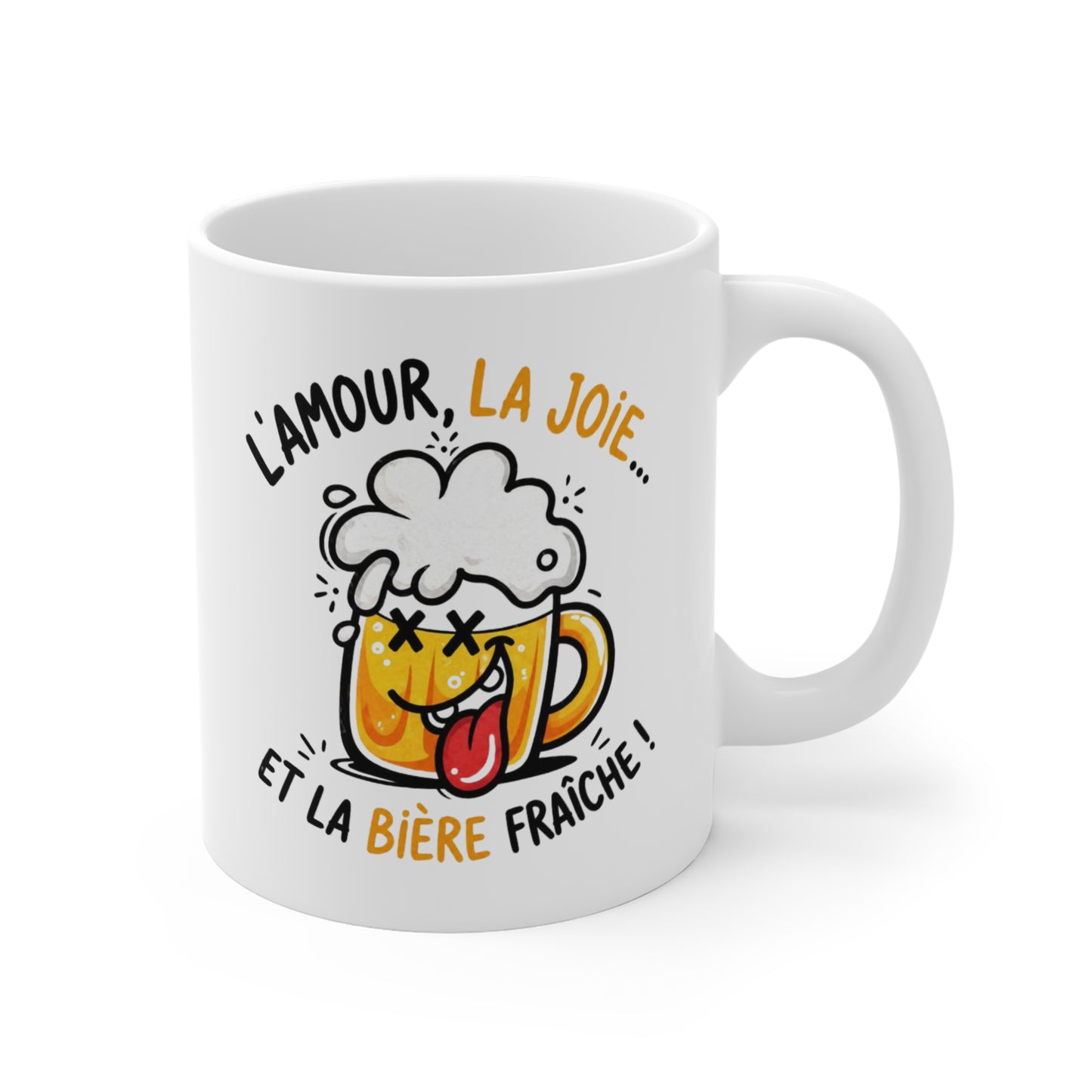 Tasse L’Amour La Joie et la Bière Fraîche – Mug Humour Apéro – Cadeau Drôle Homme Femme 325ml