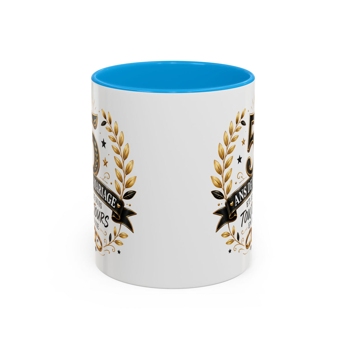 Mug 5 Ans de Mariage et Je Suis Toujours en Vie – Tasse Humoristique Anniversaire de Mariage – Idée Cadeau Couple Noces de Bois noir bleu rouge