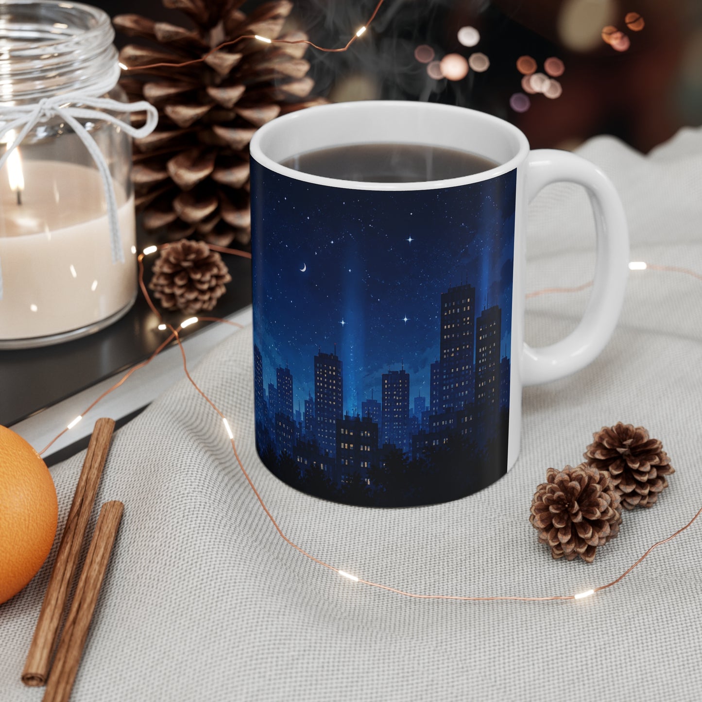 Tasse Ville Nocturne Ciel Étoilé – Mug Skyline Urbain Nuit Lune Étoiles – Cadeau Homme Femme Enfant 325ml