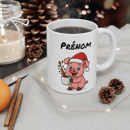Tasse Personnalisable Cochon Noël – Mug Prénom Céramique 325ml – Cadeau Fêtes Mignon Original