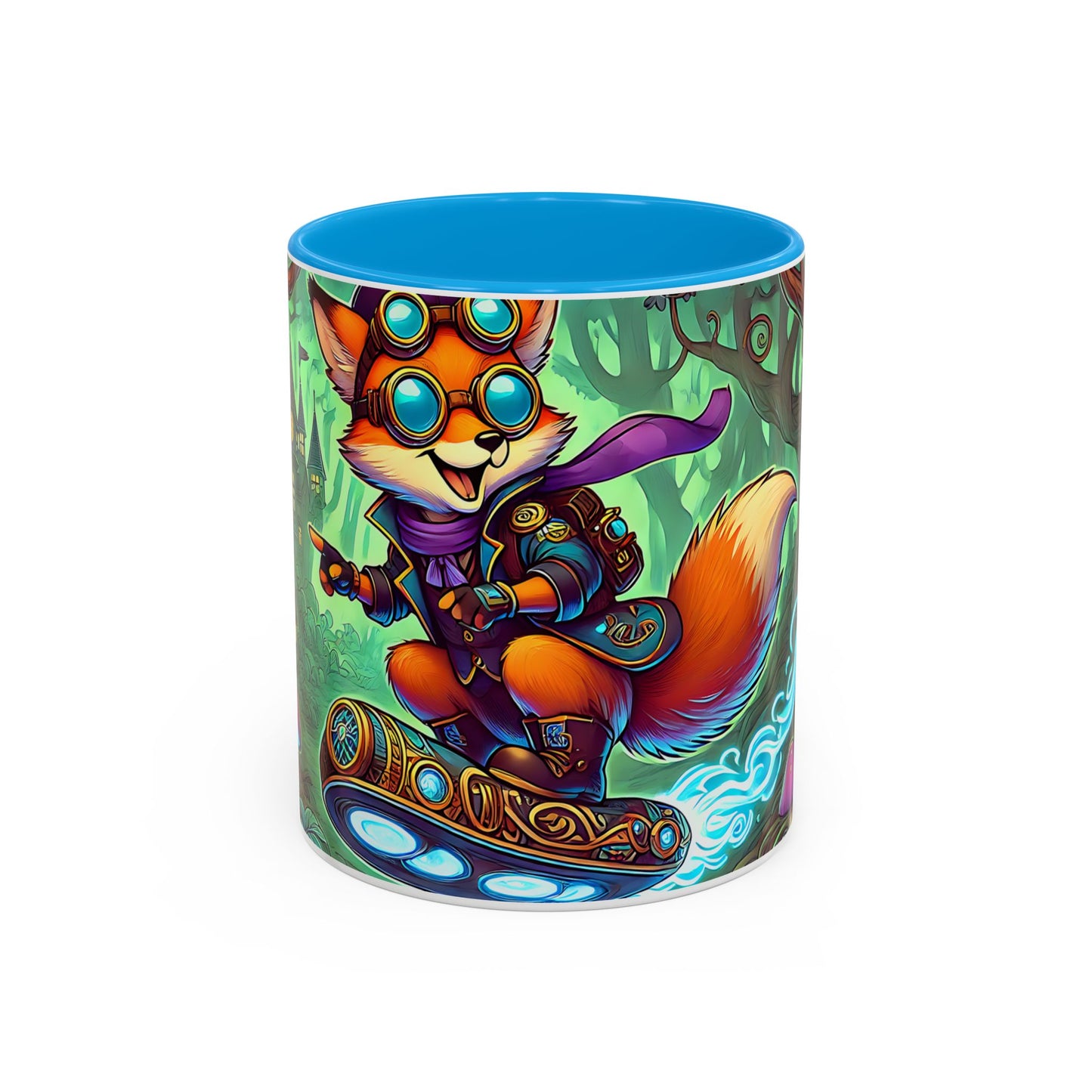 Mug Renard Steampunk – Tasse Fantasy avec Renard Aventurier et Hoverboard Magique – Cadeau Geek et Univers Fantastique 325ml