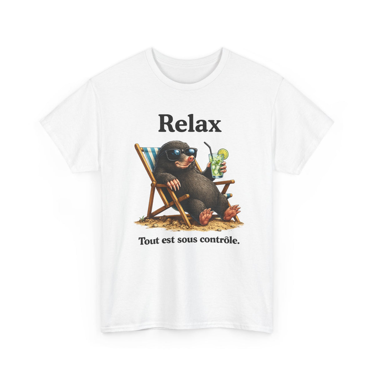 T-Shirt Humour Homme et Femme – Taupe Relax Détente Vacances – Animal Drôle avec Lunettes – Cadeau Original – Blanc et Gris