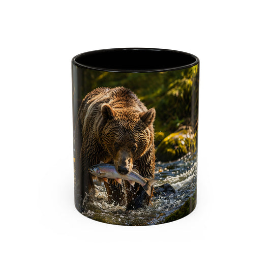 Tasse Ours Brun et Rivière – Mug Animal Sauvage Forêt Nature – Design Réaliste Pêche Saumon – Céramique 325ml