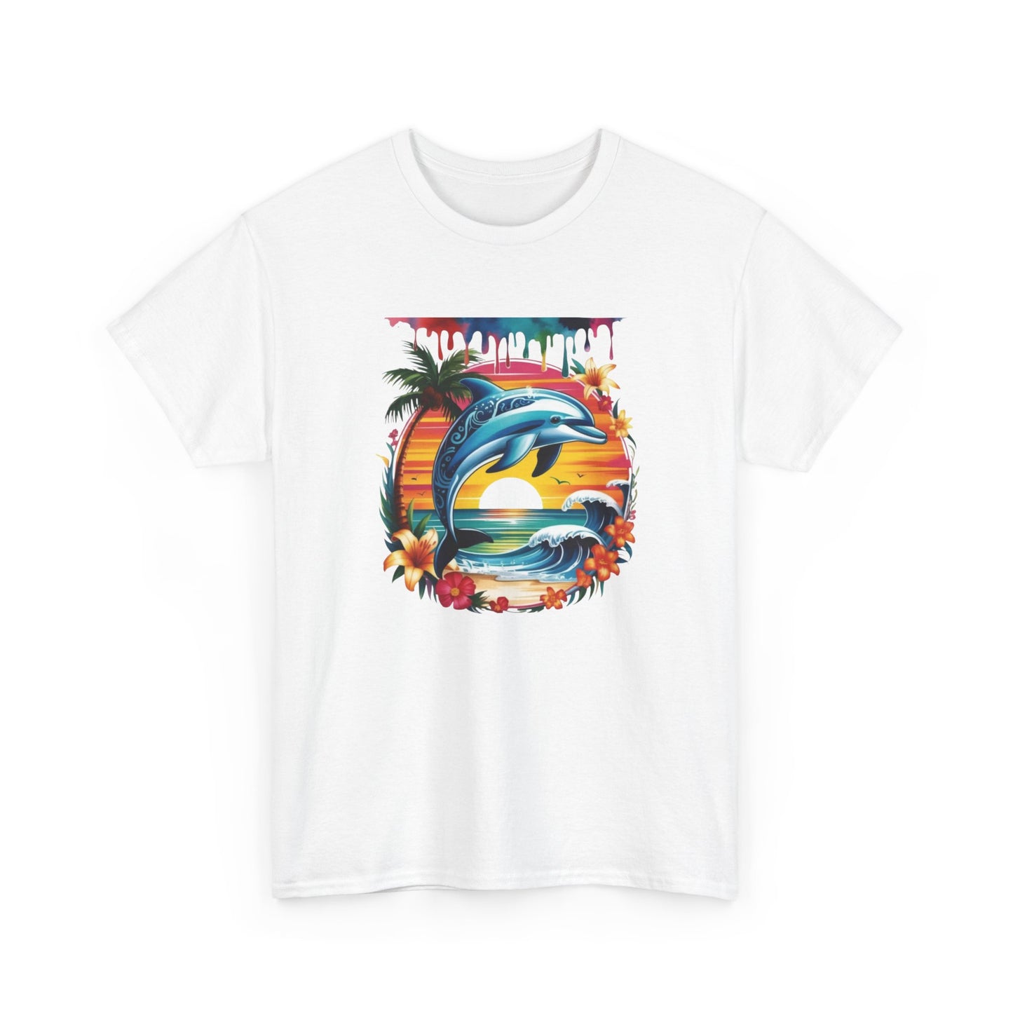 T-Shirt Dauphin Tropical Adulte – Dolphin Sunset Ocean Beach – Tee Shirt Été Vacances Noir Blanc Gris