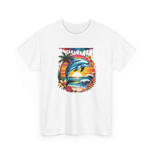 T-Shirt Dauphin Tropical Adulte – Dolphin Sunset Ocean Beach – Tee Shirt Été Vacances Noir Blanc Gris