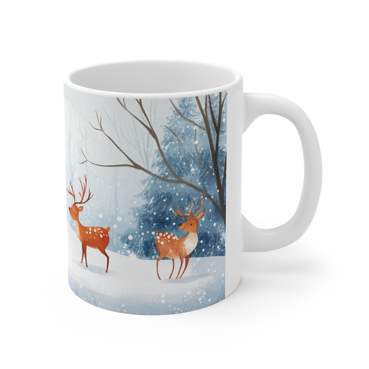 Mug Cerfs dans la Forêt Enneigée – Tasse Hiver Style Aquarelle – Cadeau Original Noël Nature et Animaux