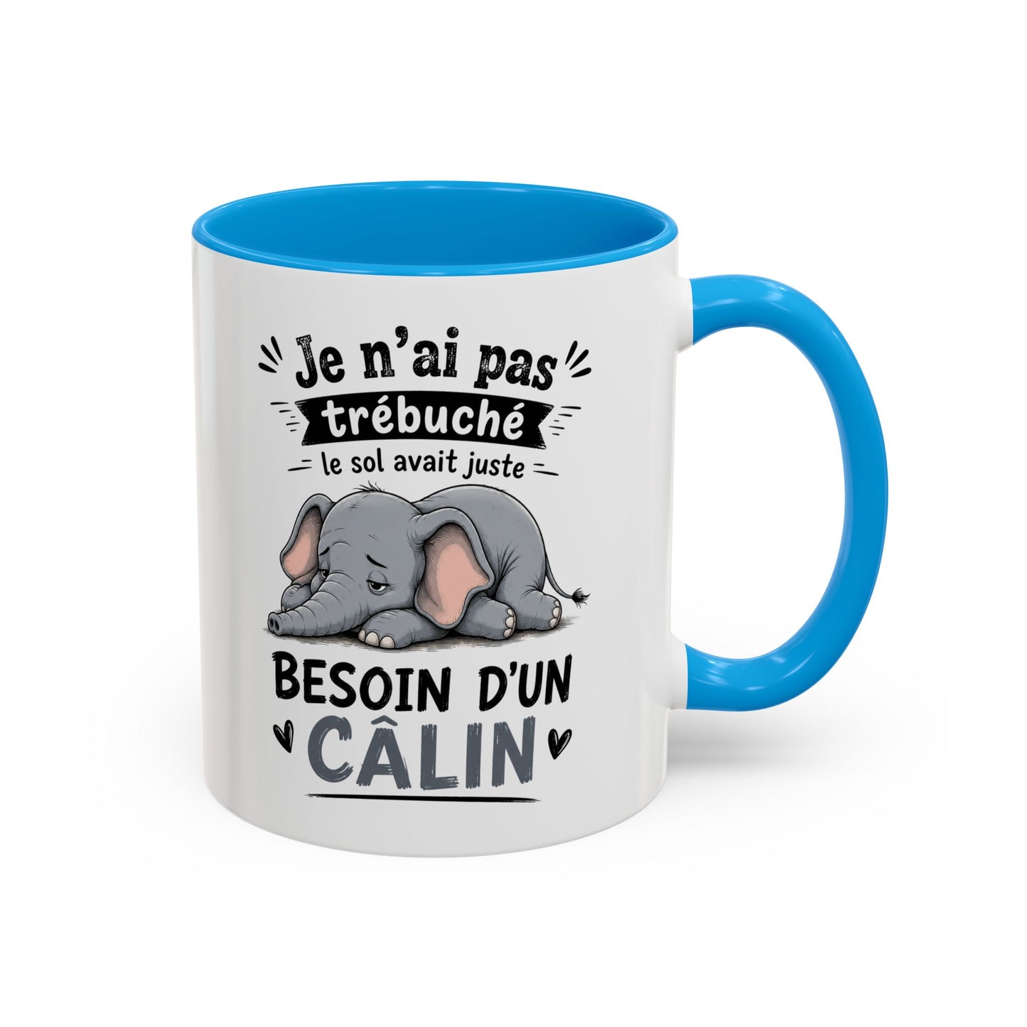 Mug Éléphant Humour – Tasse Animal Mignon Fatigué – Cadeau Original Amour Tendresse Câlin Homme et Femme Noir Bleu Rouge