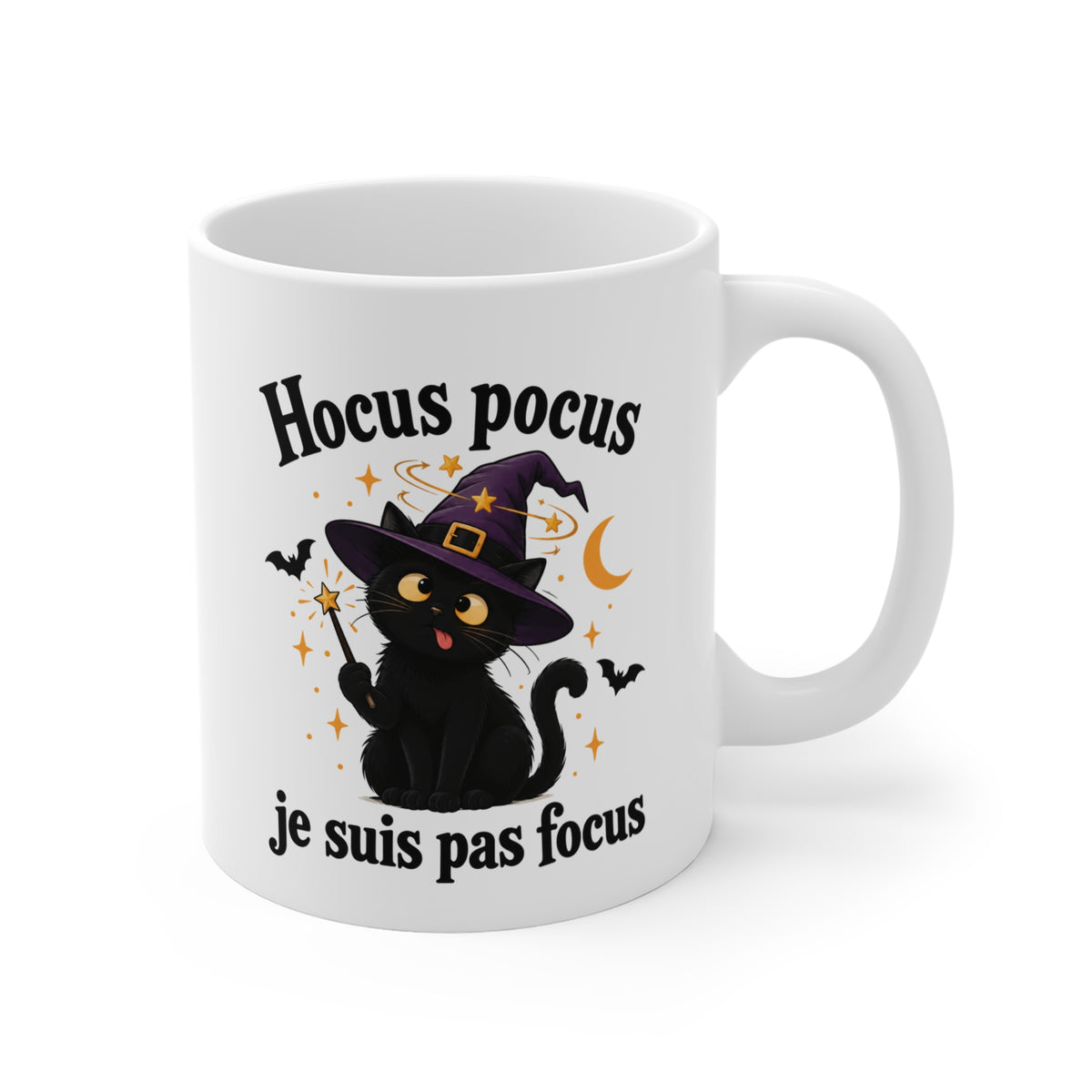 Mug Chat Noir Sorcier – Tasse Humour « Hocus Pocus Je Suis Pas Focus » – Cadeau Original Chat Magie Sorcière Halloween