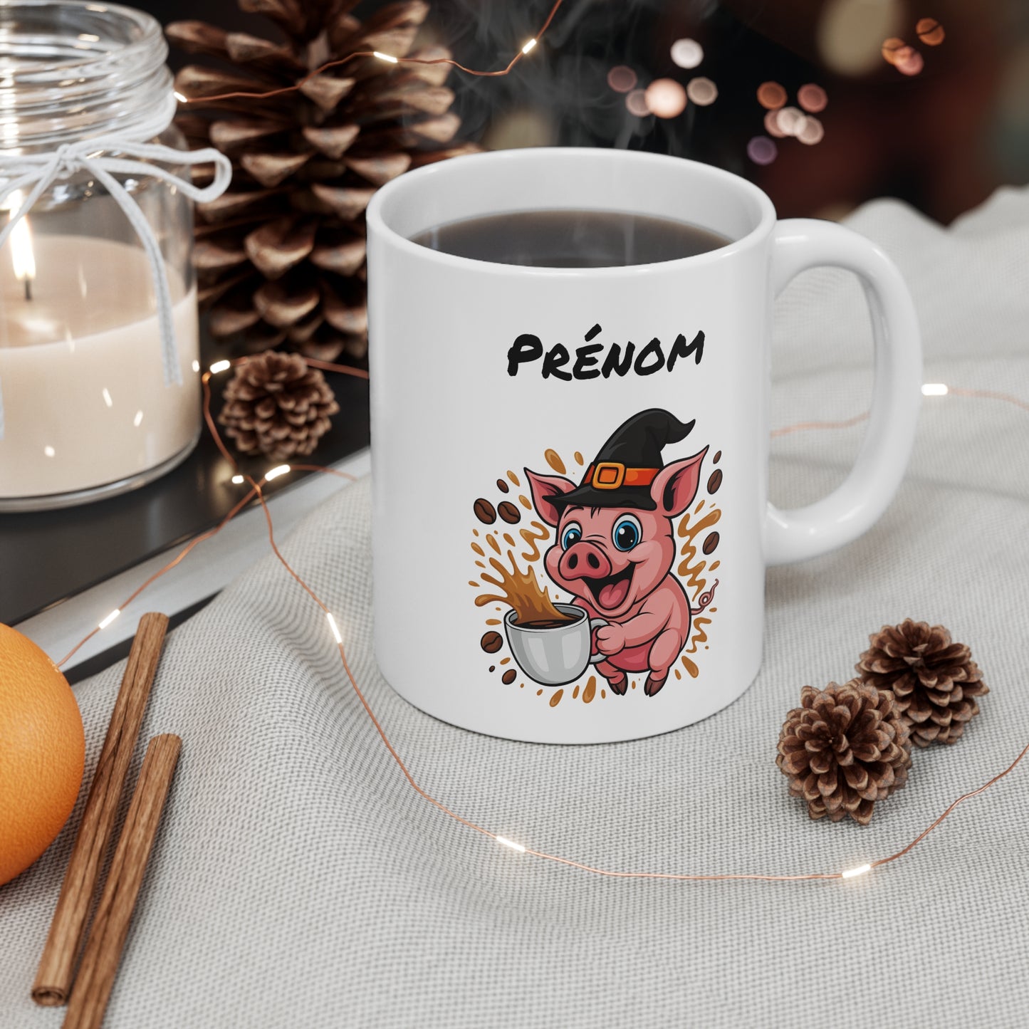 Mug Personnalisé Cochon Sorcier Halloween 325ml – Tasse Céramique Prénom Drôle et Festif – Cadeau Original