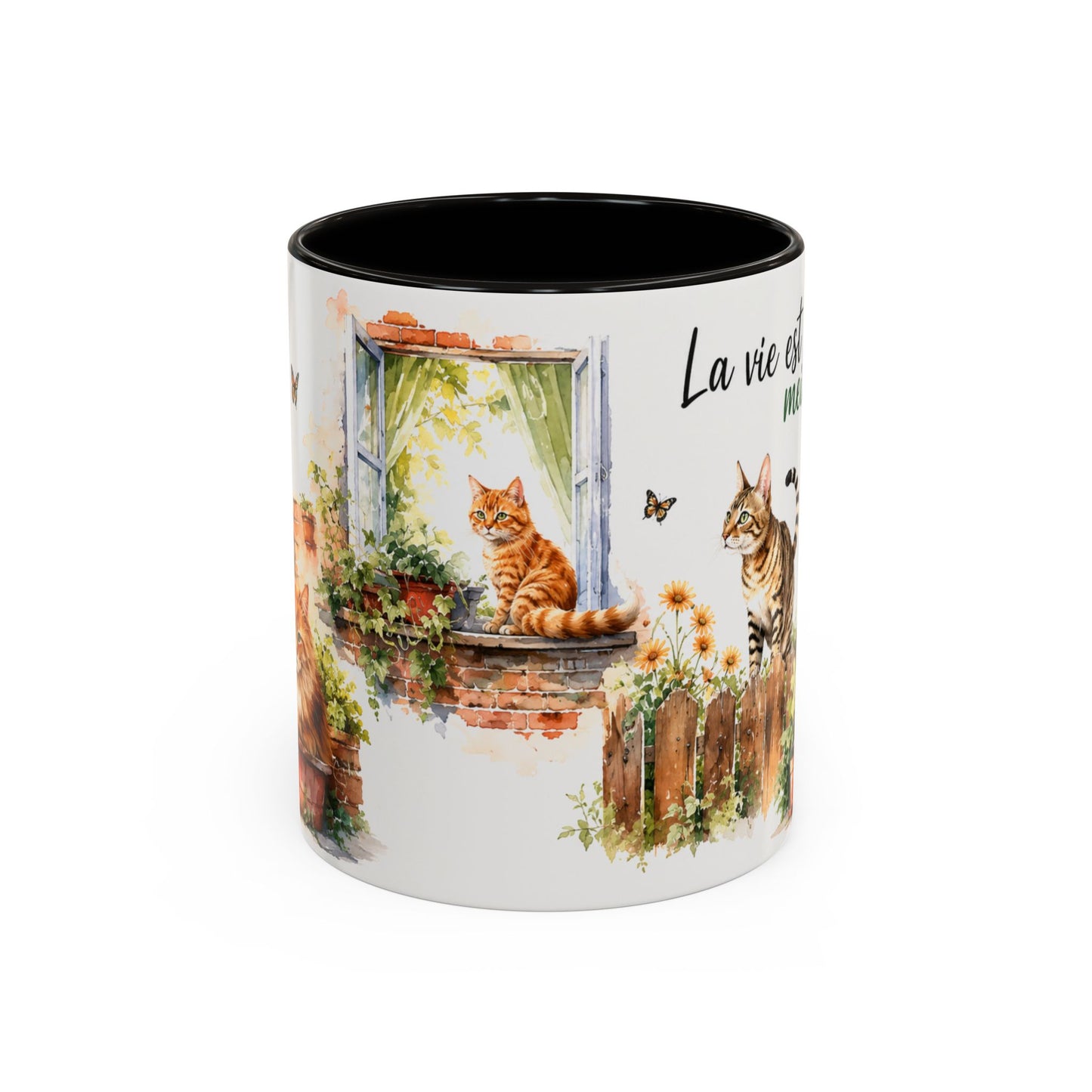 Tasse Chat Aquarelle Vintage – La Vie est Meilleure avec des Chats – Mug Déco Champêtre et Félin 325ml