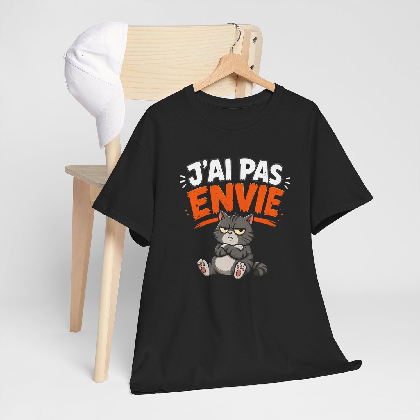 T-Shirt Humour Chat J’ai Pas Envie – Tee Shirt Drôle Adulte Mauvaise Humeur Flemme Travail Citation Fun Idée Cadeau Collègue Homme Femme