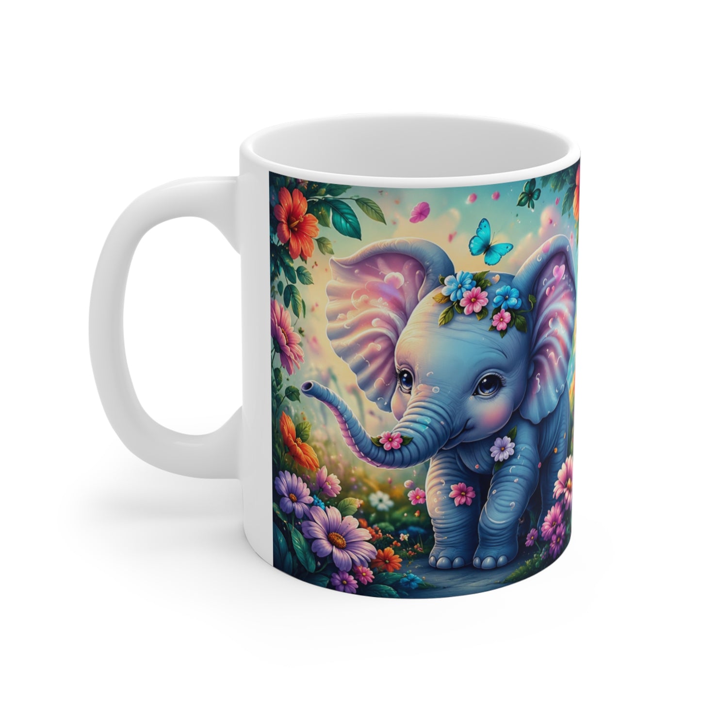 Tasse Éléphants Bébé Fantaisie – Mug Floral Coloré Féérique – Cadeau Femme Enfant 325ml