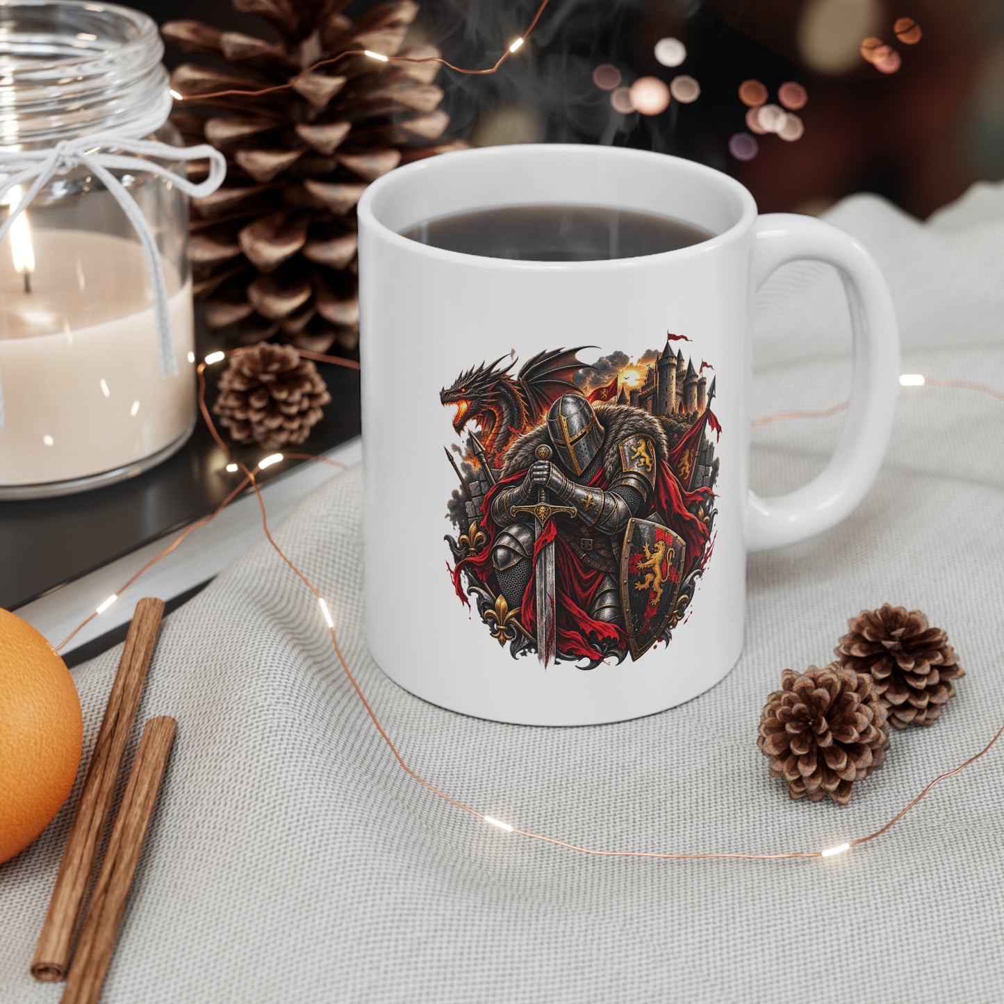 Mug Chevalier Médiéval – Guerrier Dragon et Château – Tasse Fantastique – Cadeau Original Homme Passionné du Moyen Âge