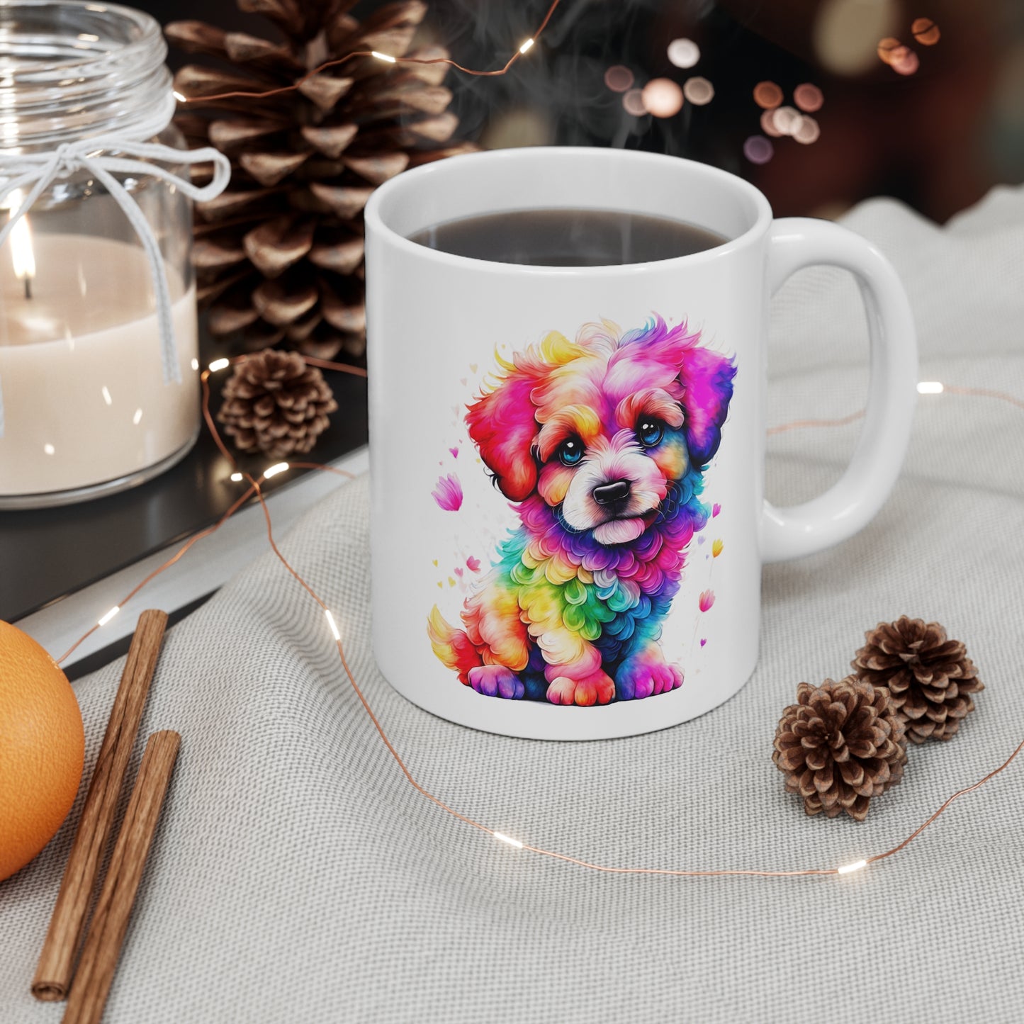 Mug Chiot Coloré 325ml – Tasse Céramique Chien Arc-en-Ciel Style Aquarelle – Cadeau Original Animal Mignon