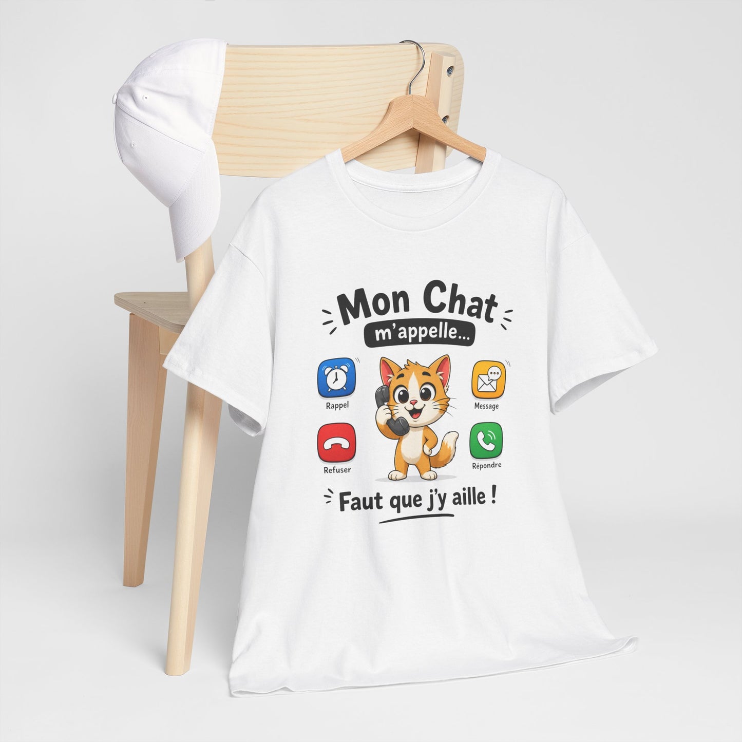 Tee Shirt Mon Chat M’Appelle Faut Que J’Y Aille – T-Shirt Humour Propriétaire de Chat – Cadeau Femme Homme Amoureux des Chats