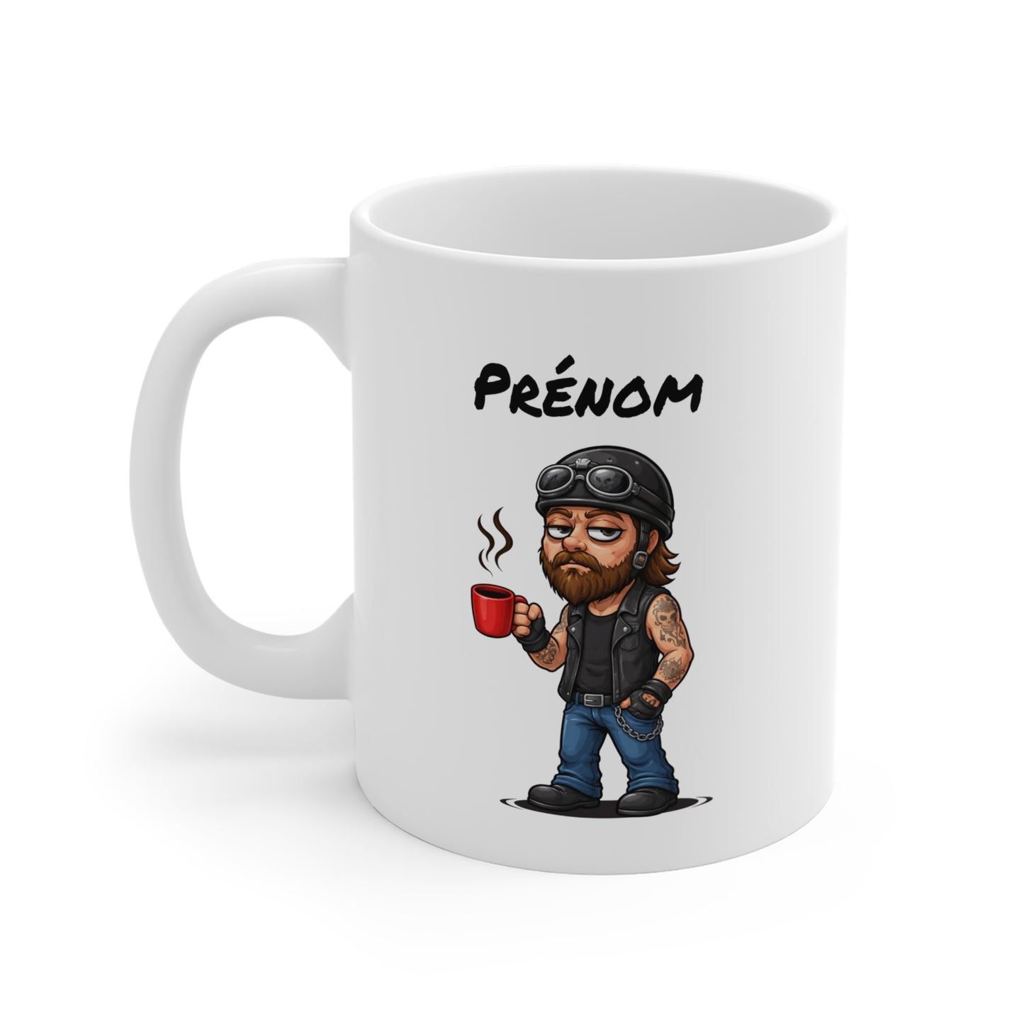 Tasse Motard Fatigué avec Café – Mug Biker Style Rock – Illustration Homme Barbu Casque Moto 325ml – Cadeau Original