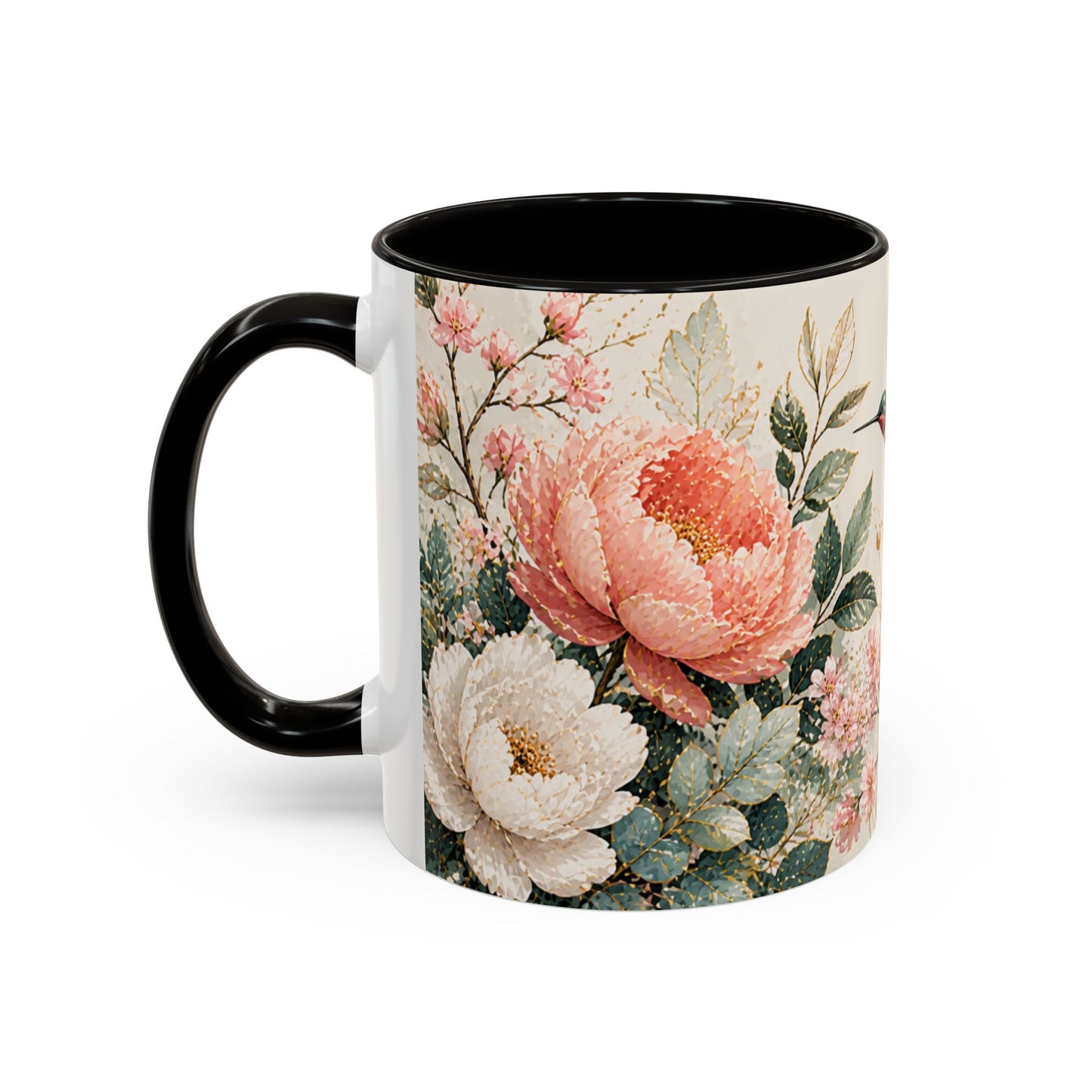 Tasse Florale Colibri et Pivoines – Mug Aquarelle Chic avec Fleurs Roses et Blanches – Design Nature 325ml