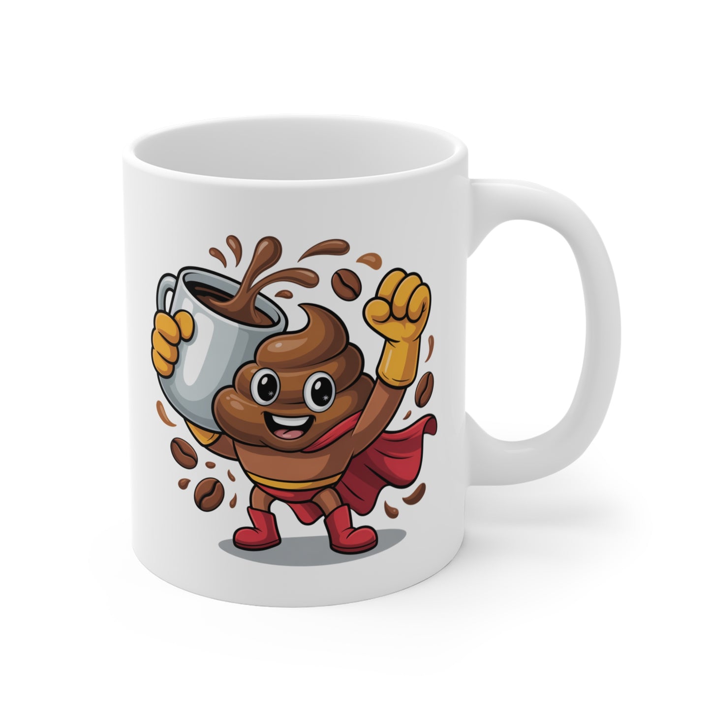 Mug Super Caca Café – Tasse Humoristique Héros Marron avec Cape Rouge – Cadeau Drôle Original