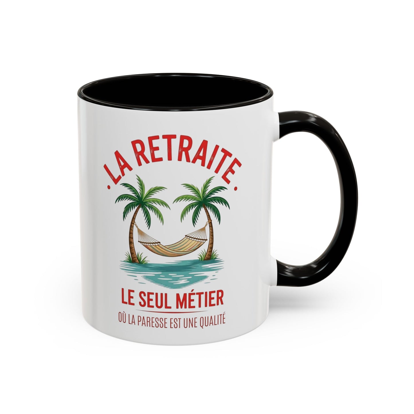 Mug Retraite Humour – Tasse Retraité avec Hamac et Palmiers – Idée Cadeau Départ en Retraite Homme et Femme Noir Bleu Rouge