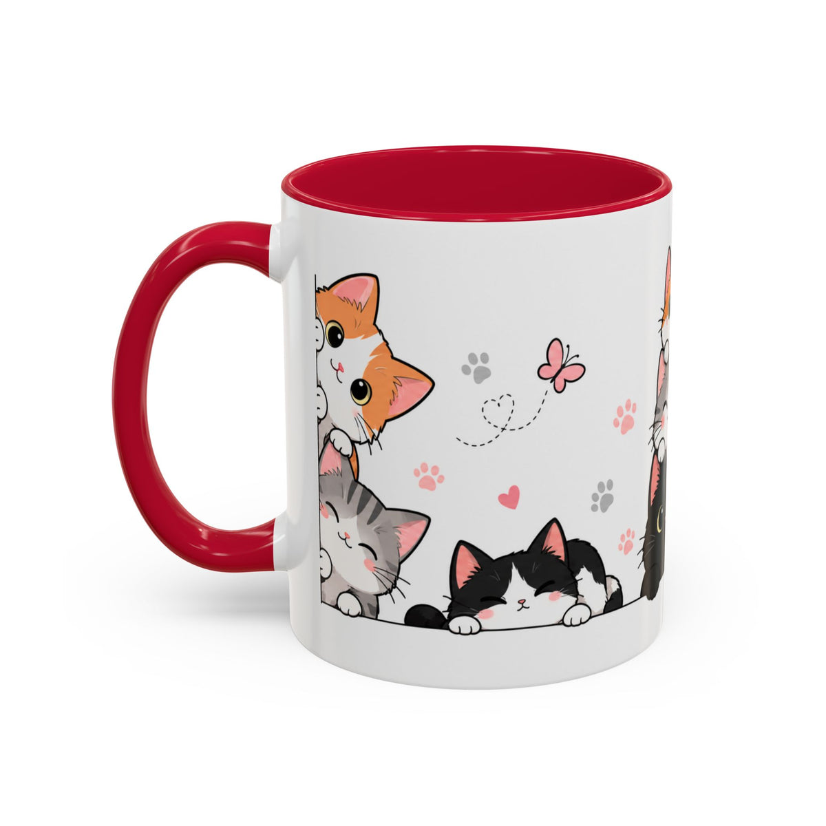 Mug Chats Mignons et Colorés – Tasse avec Petits Chats, Cœurs, Papillons et Pelote de Laine – Cadeau Original Amoureux des Chats