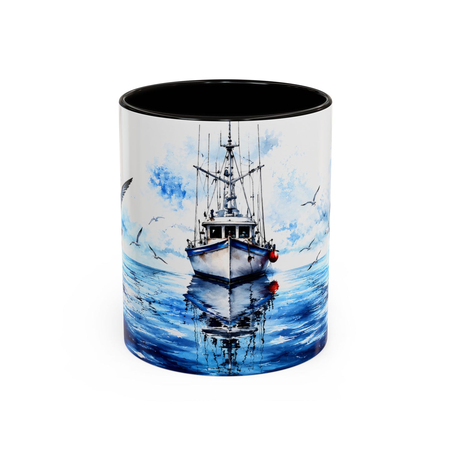 Tasse Bateau Marin – Mug Océan Aquarelle avec Mouettes – Cadeau Mer Pêche Homme Femme 325ml