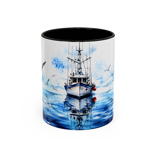Tasse Bateau Marin – Mug Océan Aquarelle avec Mouettes – Cadeau Mer Pêche Homme Femme 325ml
