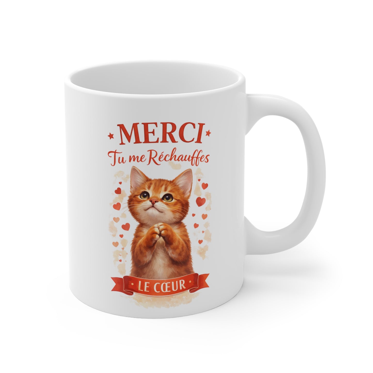 Mug Chat Amour – Merci Tu Me Réchauffes Le Cœur – Tasse Cadeau Mignon avec Chat et Cœurs – Idée Cadeau