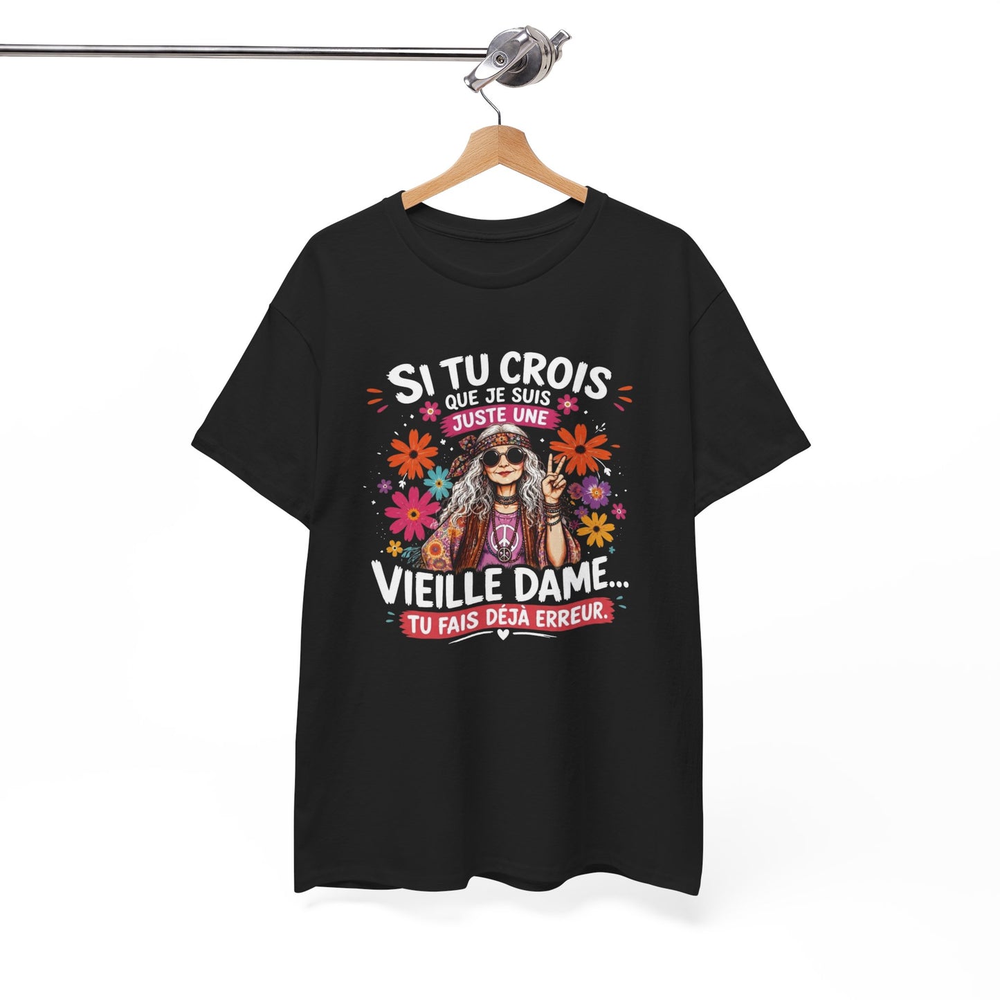 T-Shirt Femme Hippie Humour – Vieille Dame Flower Power Vintage – Cadeau Femme Bohème Drôle